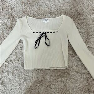 Willow & Clay Cream Ribbed Square-Neck Long Sleeve Top with Black Tie